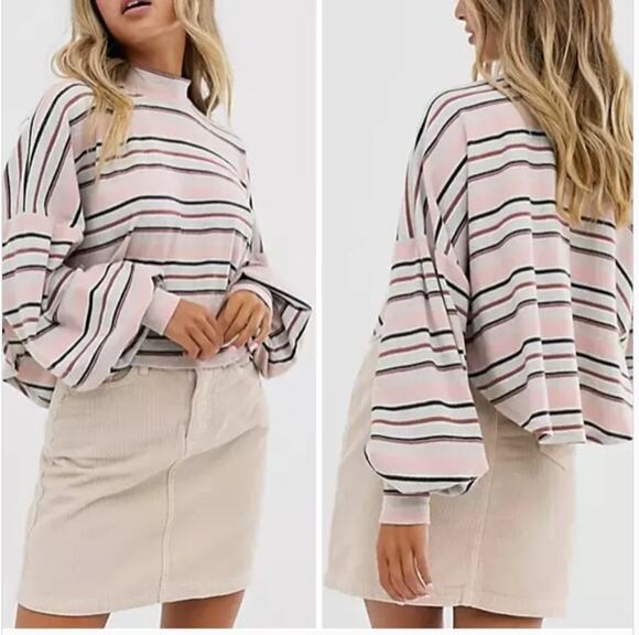 Free People Tops - Free People Steph Striped Mock Neck Top Cropped Oversize Boho Casual Medium